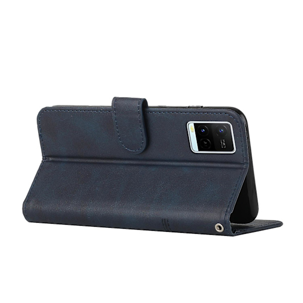 For Vivo Y33s / Y21s / Y21 Sammenleggbart Stativ Sydd Pu-Lærveske Stativ Magnetisk Lukking Støtsikker Flip Folio Bokdeksel Med Stropp Blue