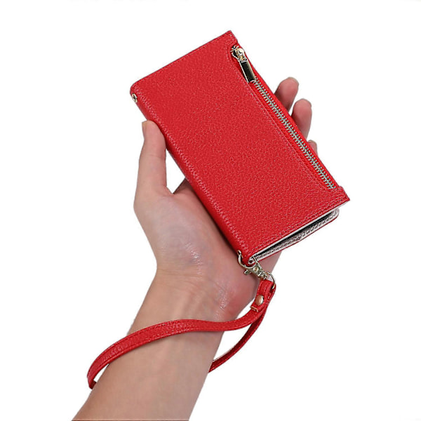 Til iPhone 15 Plus Cover Lynlåslomme Litchi Tekstur PU Læder Telefon Cover med Rem Multicolor Style F