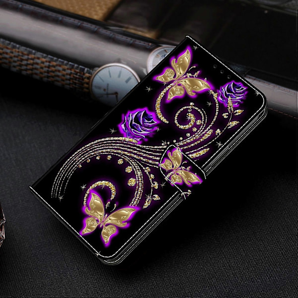 Wallet Case til Samsung Galaxy A52 4G/5G/A52s 5G, PU Læder Stand 3D Mønster Print Telefon Cover Multicolor Purple Flowers/Butterflies