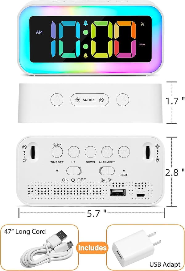 Hög väckarklocka för sovrum med dynamiskt RGB nattljus, tunga sovande vuxna, dubbla White