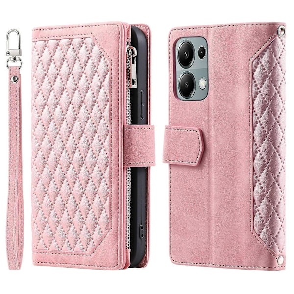 Fodral med dragkedja i läder för Xiaomi Redmi Note 13 Pro 4G/Poco M6 Pro 4G med handledsrem Multicolor Rose Gold
