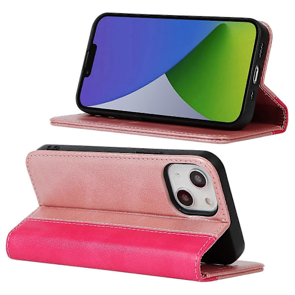iPhone 15 Plus PU-nahkainen puhelinkotelo, kaksivärinen liitos, naarmuuntumaton, jalustallinen lompakkokotelo Multicolor Style E