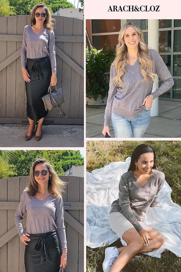 Dammode höstmode 2023 V-ringad Långärmad tröja Stickad Casual tröja Toppar Mysiga moln Grey X-Small