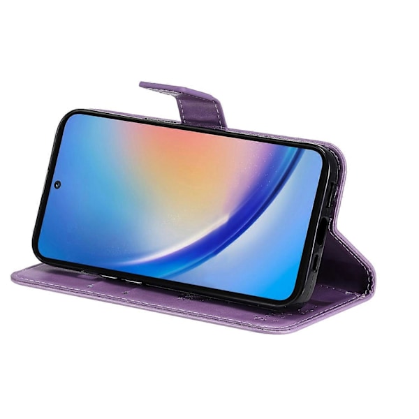 Mobilskal med Ställ för Samsung Galaxy A35 5G, Katt Träd Mönster Läder Plånboksskydd Multicolor Light Purple