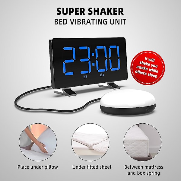 Hög väckarklocka för tunga sovande vuxna, 7,4-tums digital klockskärm, med vibrationssängshaker, blå Black  blue