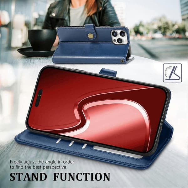 Læder telefoncover med pung, stativ og håndledsrem til iPhone 16 Pro - Grøn Multicolor Blue