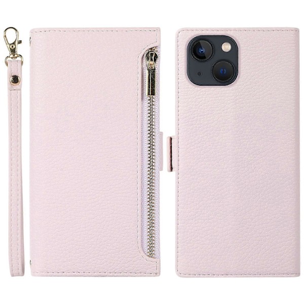 Fodral till iPhone 15 Plus med dragkedjeficka, PU-läder med litchistruktur och rem Multicolor Style B