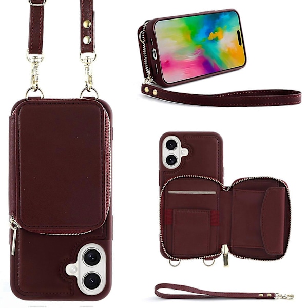 Til iPhone 16 Plus Cover RFID Blokerende Lynlås Pung Læder Telefon Cover med Stropper - Rosaguld Multicolor Wine Red