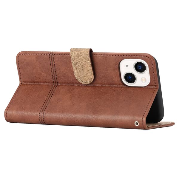 Case för Iphone 15 Plus, linjepräglat kohud Texture Läderställ Cover Coffee