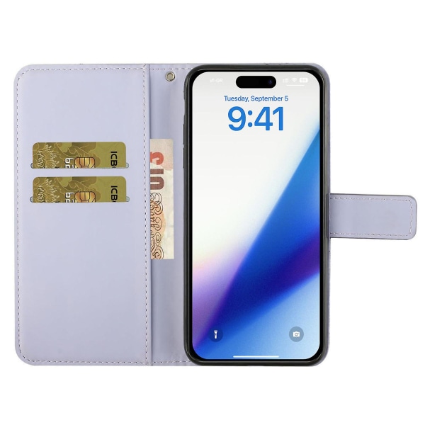 Læder Wallet Case til iPhone 15 Pro, Præget Blomster Folio Flip Stand Telefon Cover Purple