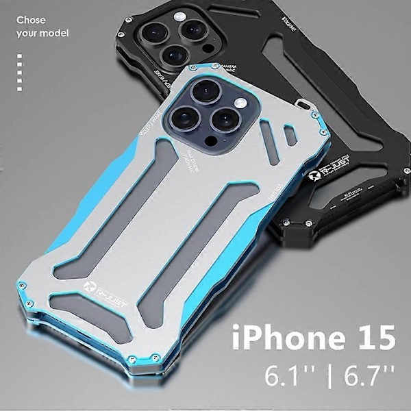 R-JUST Mekanisk Armor til iPhone 15 Pro Max Metal Cover Hul Design Telefon Beskyttelsescover Multicolor Style A