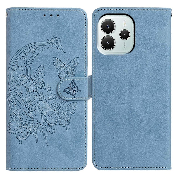Til Xiaomi Redmi Note 14 5G Etui Sommerfugl Blomst Præget PU Læder Wallet Stand Telefon Cover Multicolor Sky Blue