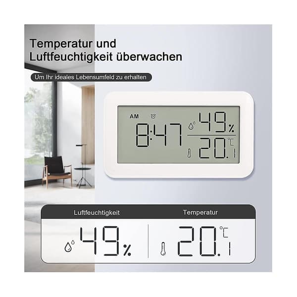 Termometer Hygrometer inomhus med väckarklocka, digital lcd termometer, för rum, vardagsrum, win Black