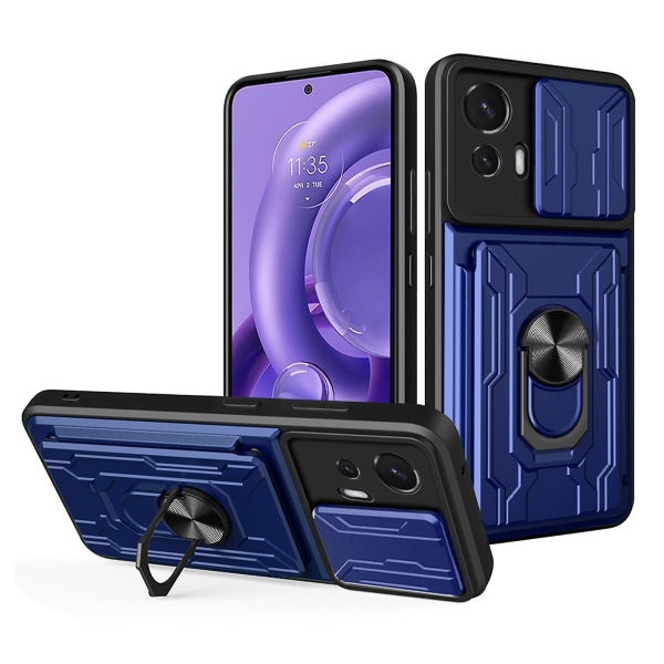 Stötsäkert cover för Motorola Edge 30 Neo 5g, Ring Kickstand phone case med skjutkamera skyddskorthållare Sapphire