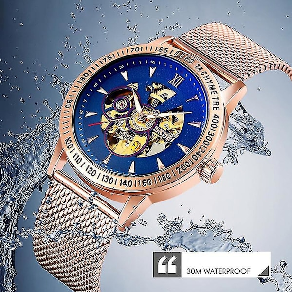 Skmei 9216 Men Sketon Automatic Mechanical Watch Rose Gold Shell Blue Noodle