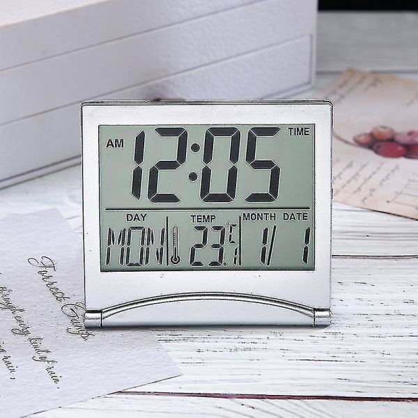Fällbar skrivbordsväckarklocka Digital datumtemperaturvisningsklocka, väckarklocka