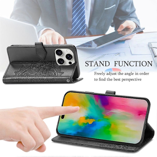 Til iPhone 16 Pro Max Wallet Case Mandala Blomst Læder Telefon Cover Stativ View-Grøn Multicolor Black
