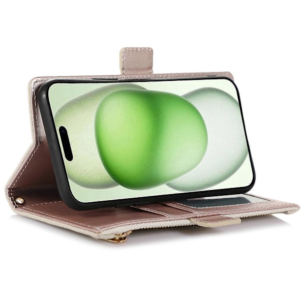 Fodral till iPhone 15 Plus med dragkedjeficka, PU-läder med litchistruktur och rem Multicolor Style D