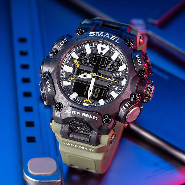 Smael Watch Herr Digital Quartz Double Display Klockor Ungdom Militär Herr Vattentät stoppur Väckarklocka Man Cool Hour ArmyGreen