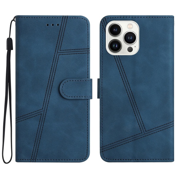 För Iphone 15 Pro Retro Pu Läder Cover Skin-touch Lines Märkt phone case med stativ Blue