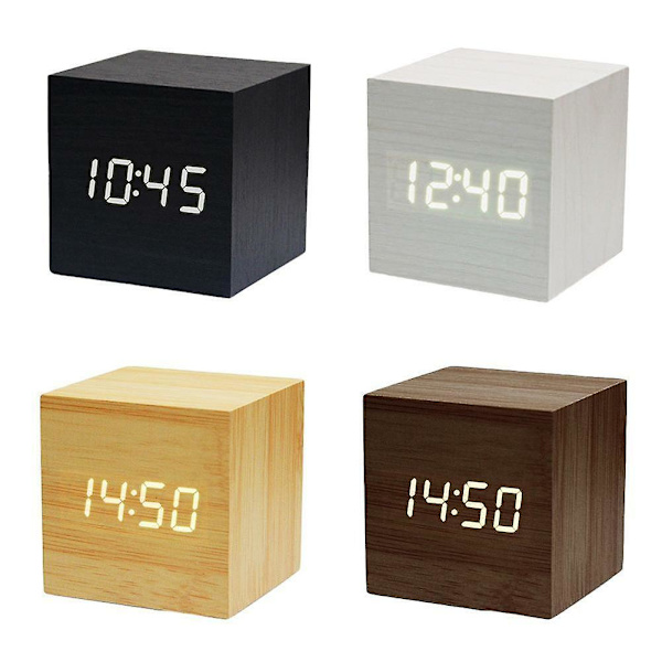 Træ Cube Led Alarm Stemmestyring Digitalt Skrivebord Sengelampe Ur Træ Hurtig Temperatur White