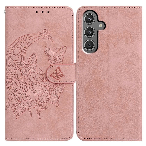 Til Samsung Galaxy A25 5G Etui Sommerfugl Blomst Præget PU Læder Pung Stativ Telefon Cover Multicolor Rose Gold