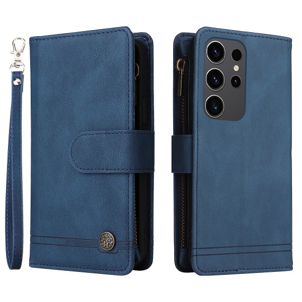 Blixtlåsficka Flip Läder skyddande phone case för Samsung Galaxy S24 Ultra Blue