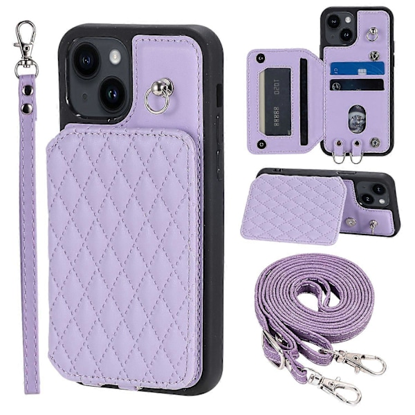 Style 008 Til iPhone 15 Plus RFID Blokerende Stødsikkert Cover PU+TPU Telefon Shell med Stropper Multicolor Style B