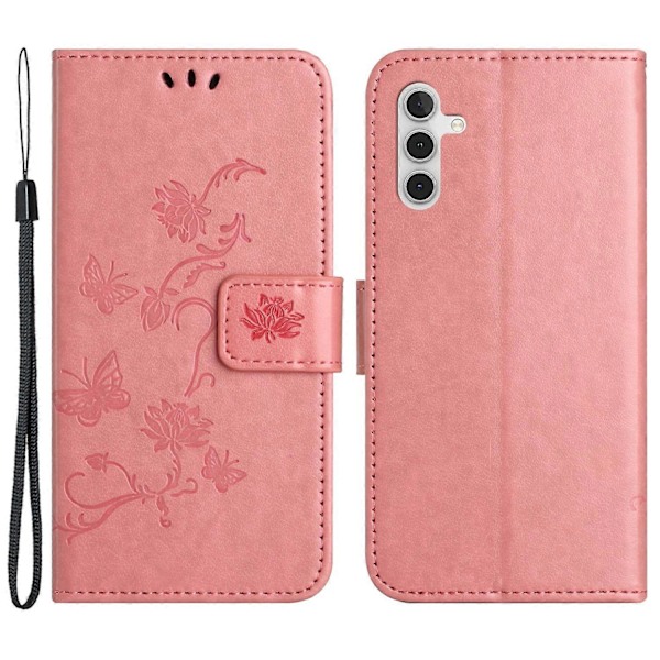 Samsung Galaxy S23 FE PU-nahkakukkaro puhelinkotelo perhos- ja kukkaprintillä, jalustalla Multicolor Style H
