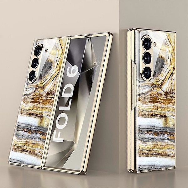 GKK Etui til Samsung Galaxy Z Fold6 5G Elektroplettering Marmormønster Hærdet Glas+PC Telefoncover Multicolor Style E