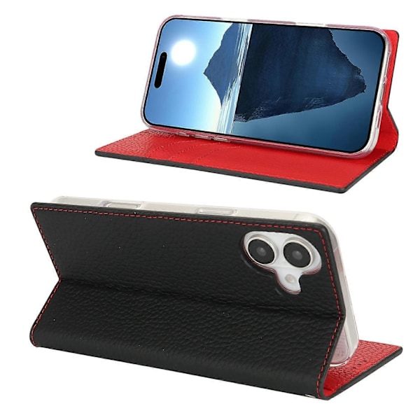 Plånboksfodral för iPhone 16 Plus Äkta Läder Telefonskal Litchi Textur Multicolor Style A