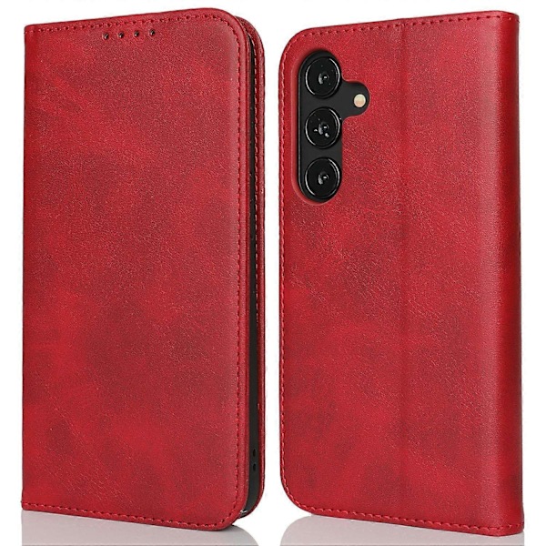 Til Samsung Galaxy S25 Etui PU Læder Kalvepræget Magnetisk Lukning Smartphone Cover - Mørkebrun Multicolor Red