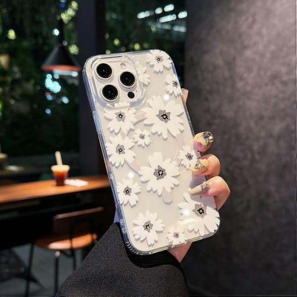 Magnetisk IMD blomstermønster TPU+PC klart bakdeksel til iPhone 16 Pro Max Multicolor Style C