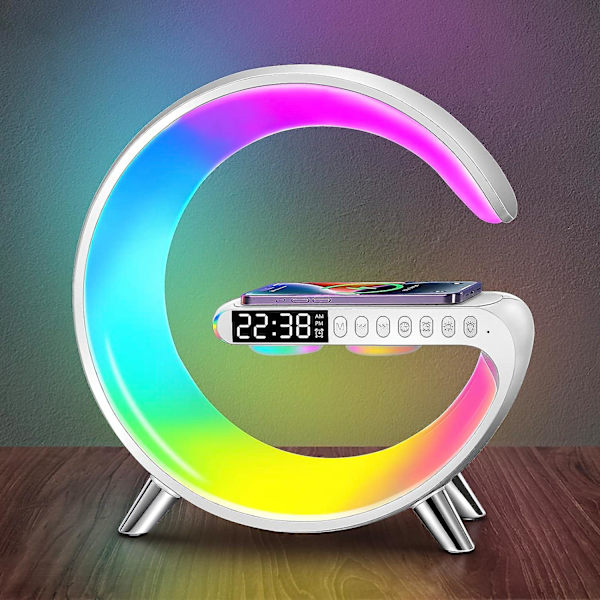 Smart Sound Machine Wake Up Light Väckarklockor Smart Bordslampa Kontroll Med App, 15W Snabb Trådlös Laddare Med Bluetooth Audio Väckarklocka För Vuxna White