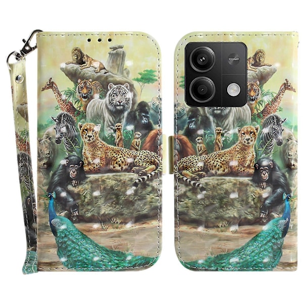 Etui med 3D-mønsterprint i læder med rem til Xiaomi Redmi Note 13 5G/Note 13 5G Multicolor Animals