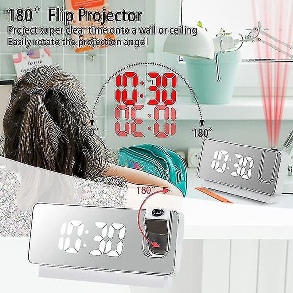 Led Mirror Projektion Väckarklocka Termometer Digital Snooze Roterad Display USB Hög kvalitet