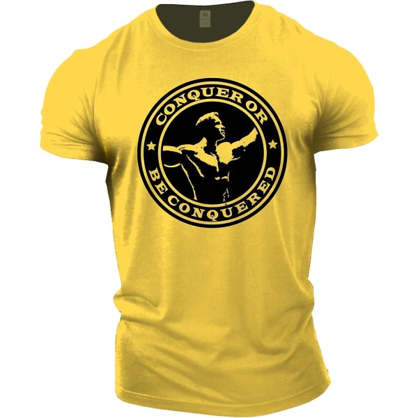 Gymtier Bodybuilding T-shirt för män - Arnold Schwarzenegger Conquer - Gym Training Top Yellow S