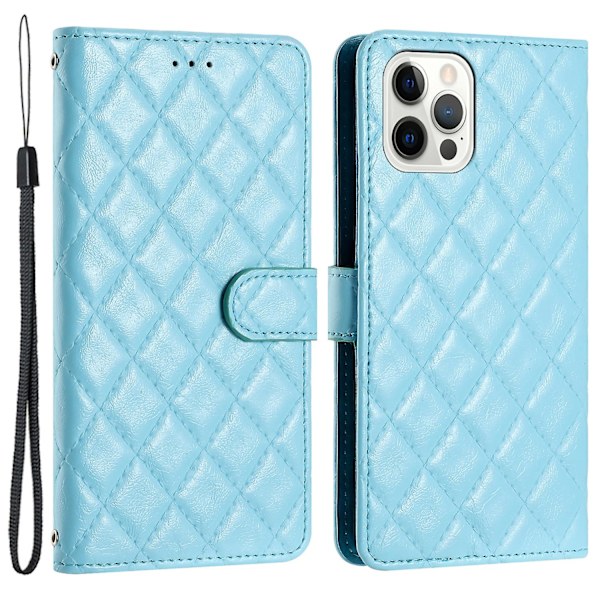 Stødsikkert Rhombus Syning Læder Etui med Pung og Støttefod til iPhone 15 Pro Sky Blue