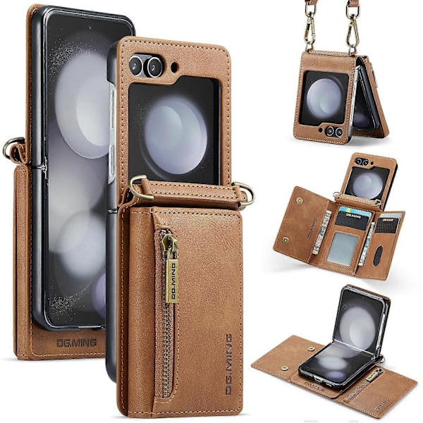 DG.MING M5 Serie til Samsung Galaxy Z Flip6 5G Etui RFID-blokering Kortpladser PU+PC Telefoncover Multicolor Brown