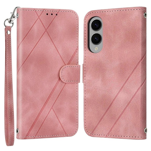 Til Samsung Galaxy S25 Edge Etui Præget Linje Læder Telefon Cover med Praktisk Rem Multicolor Pink