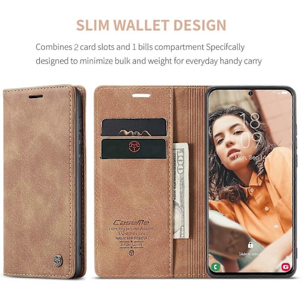CASEME 013-serien Enkel Lommebokdesign Automatisk Suge-Lærveske for Samsung Galaxy S21 FE Multicolor Style D