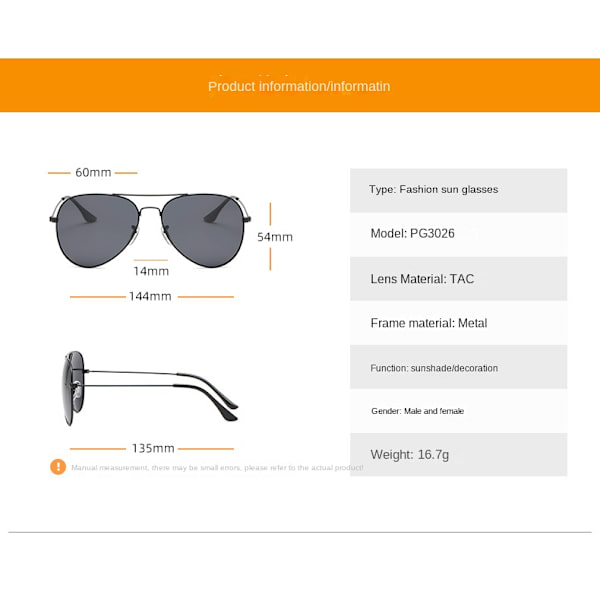 Klassiska polariserade solglasögon Mode färg film solglasögon Unisex Aviator solglasögon Gold frame exocarpium slice Gold frame exocarpium slice PG3026