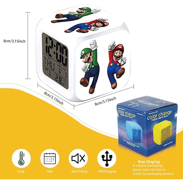 Mario 7 Colors ändrar digital väckarklocka med tid, temperatur, alarm, datum (kartlopp) Super Mario-a