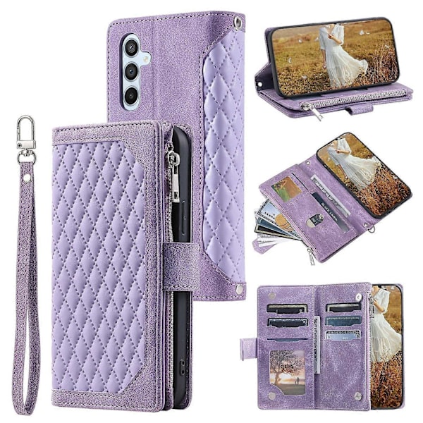 Samsung Galaxy A05s 4G -kotelo PU-nahkainen puhelinkuori, vinoneliökuvio, vetoketjullinen lompakko ja hihna Multicolor Style D