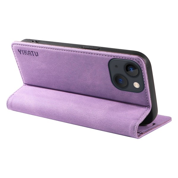 Ihonmyötäinen suojakotelo iPhone 15 Plus -puhelimelle PU-nahasta, lompakko ja jalusta Purple