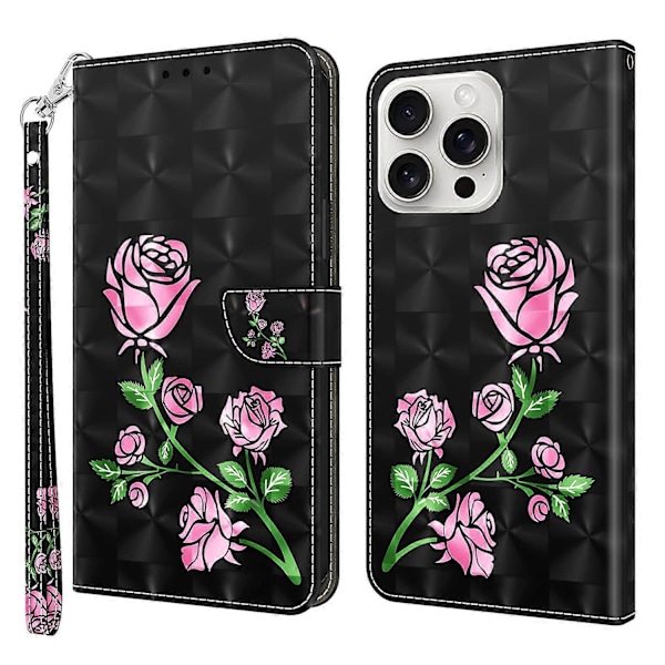 Til iPhone 16 Pro Etui Stativ Mønsterprint Læder Telefon Cover - Stående Kat Multicolor Rose Flower