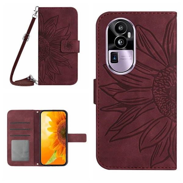 Ht04 Pu Läder Phone case För Oppo Reno10 Pro+ 5g Sunflower Imprint Cover med axelrem Wine Red