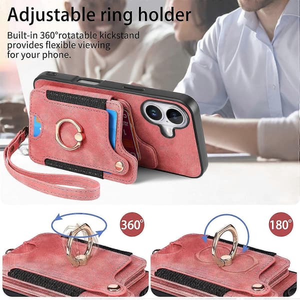 Til iPhone 16 Plus Cover RFID-Blokerende Håndtaske Læder+TPU Telefon Cover Kort Slots, Ring Holder - Grøn Multicolor Pink