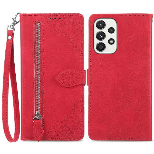 För Samsung Galaxy A23 5g / 4g Dragkedja Fickdesign Blommönstrat Pu-läderfodral Case Cover Red