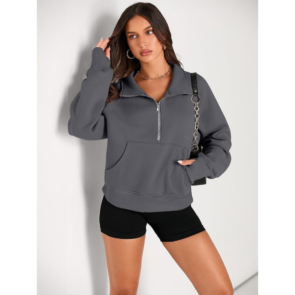 Dame Sweatshirts Halv Lynlås Cropped Pullover Fleece Kvart Lynlås Hættetrøjer Efterårsoutfits Tøj Tommelfingerhul Darkdrey Small